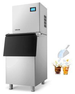 Комерційний льодогенератор VEVOR, продуктивністю 163 кг/добу, виготовлений з нержавіючої сталі, з функцією самоочищення та сенсорним екраном, контейнером для кубиків льоду 113 кг, ідеально підходить для ресторанів, барів, кафе та готелів. 3170-FTZBJTJFB360LRGZU001V2 фото