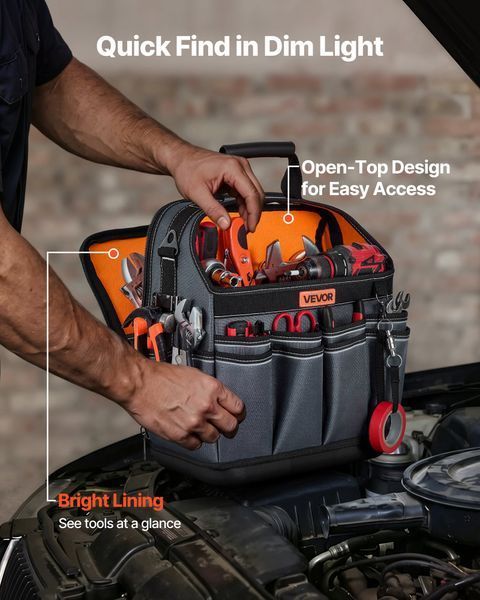 Сумка для інструментів VEVOR Open Tool Bag 33,5 x 23 x 39 см, сумка для зберігання з 24 внутрішніми та 15 зовнішніми кишенями, водонепроникний поліестеровий органайзер для інструментів з плечовим ременем та ручкою для перенесення, сумка для інструментів 7408-KDGJTB12YCSLO4QFT001V0 фото