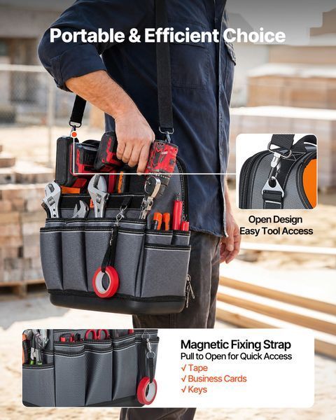 Сумка для інструментів VEVOR Open Tool Bag 33,5 x 23 x 39 см, сумка для зберігання з 24 внутрішніми та 15 зовнішніми кишенями, водонепроникний поліестеровий органайзер для інструментів з плечовим ременем та ручкою для перенесення, сумка для інструментів 7408-KDGJTB12YCSLO4QFT001V0 фото