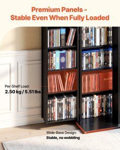 Тумба для DVD-проигрывателей VEVOR с 24 отделениями, отдельно стоящая, 610 x 368 x 1270 мм, компактная тумба для CD, DVD, книг, игровых дисков, для гостиной, домашнего офиса, студии звукозаписи, черная. 5933-CDCCJFBS24GHJOLNM001V0 фото