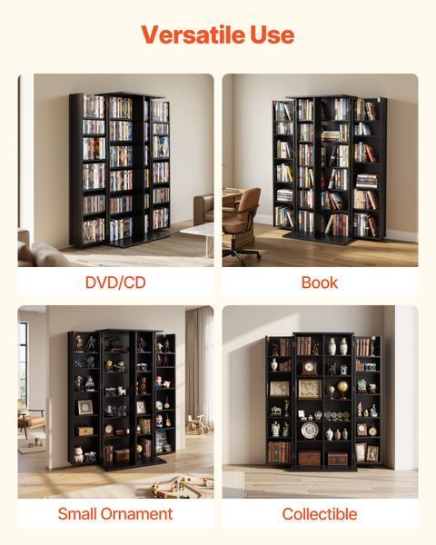 Тумба для DVD-проигрывателей VEVOR с 24 отделениями, отдельно стоящая, 610 x 368 x 1270 мм, компактная тумба для CD, DVD, книг, игровых дисков, для гостиной, домашнего офиса, студии звукозаписи, черная. 5933-CDCCJFBS24GHJOLNM001V0 фото