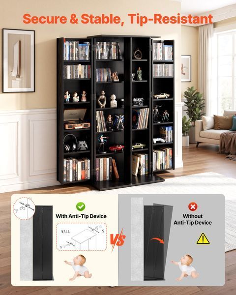 Тумба для DVD-проигрывателей VEVOR с 24 отделениями, отдельно стоящая, 610 x 368 x 1270 мм, компактная тумба для CD, DVD, книг, игровых дисков, для гостиной, домашнего офиса, студии звукозаписи, черная. 5933-CDCCJFBS24GHJOLNM001V0 фото