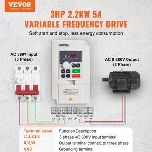 Частотно-регульований привід VEVOR VFD, 3 к.с., 2,2 кВт, 5 А, вхідна напруга 380 В змінного струму, вихідна напруга 0-380 В трифазного змінного струму, перетворювач частоти, вхід 50/60 Гц, вихід 0-2000 Гц. 3784-BPQDQ22KW3809VUHOV8 фото