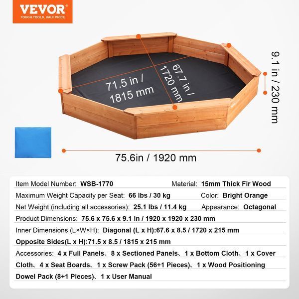 Деревянная песочница VEVOR с крышкой, восьмиугольная песочница, песочница с 4 сиденьями и напольным покрытием, детская песочница для сада, подарок для мальчиков и девочек в возрасте от 3 до 12 лет. 6684-SXMZBBXJCK00P5OVOV0 фото