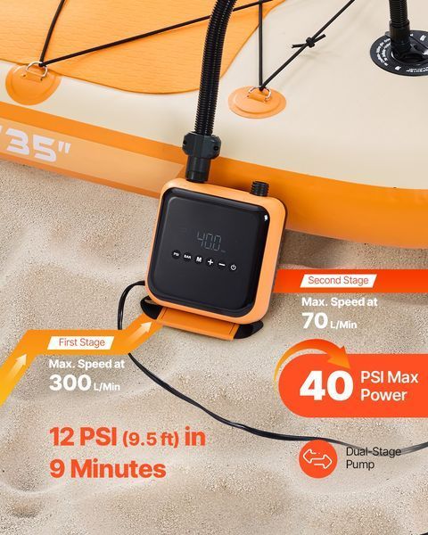 Насос для SUP-дощ VEVOR (40 PSI) Двоступінчастий електричний портативний насос для SUP-дощ з автоматичним відключенням та підключенням до джерела постійного струму 12 В, накачує та спускає повітря, ідеально підходить для надувних SUP-дощ та надувних 3435-JBDDQB50PSICIDSPBV9 фото
