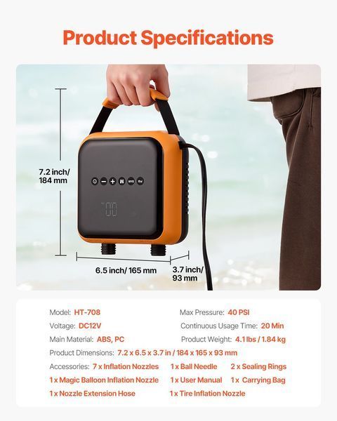 Насос для SUP-дощ VEVOR (40 PSI) Двоступінчастий електричний портативний насос для SUP-дощ з автоматичним відключенням та підключенням до джерела постійного струму 12 В, накачує та спускає повітря, ідеально підходить для надувних SUP-дощ та надувних 3435-JBDDQB50PSICIDSPBV9 фото