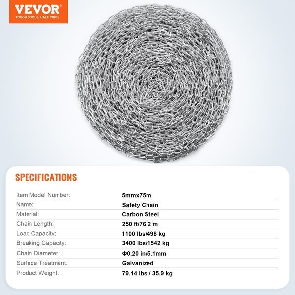 Прочная спиральная цепь VEVOR, 3/16" x 250', безопасная рабочая нагрузка 1100 фунтов, оцинкованная прочная спиральная цепь с двумя быстросъемными звеньями, цепь из оцинкованной углеродистой стали для буксировки, подвешивания, кемпинга, буксировки 6085-WGAQLTG250FTWFOTCV0 фото