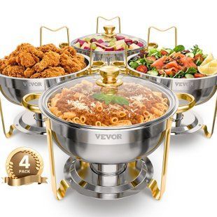 Подогреватель для фуршета VEVOR с 4 полноразмерными контейнерами (4,7 л), круглый диспенсер для подогрева с стеклянной крышкой, емкостью для воды и складной подставкой, для свадебных фуршетов, золотистого цвета. 5136-YXBLSTGK4JTJCFFRAV0 фото
