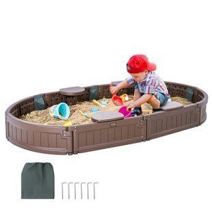 Песочница VEVOR с крышкой, 183 x 105 x 23 см, овальная, из полиэтилена высокой плотности (HDPE), с 4 угловыми сиденьями и напольным покрытием, детская песочница для сада, пляжа, парка, подарок для мальчиков и девочек от 3 до 12 лет, коричневая. 6686-SXSLTYXJCK00EEGPJV0 фото