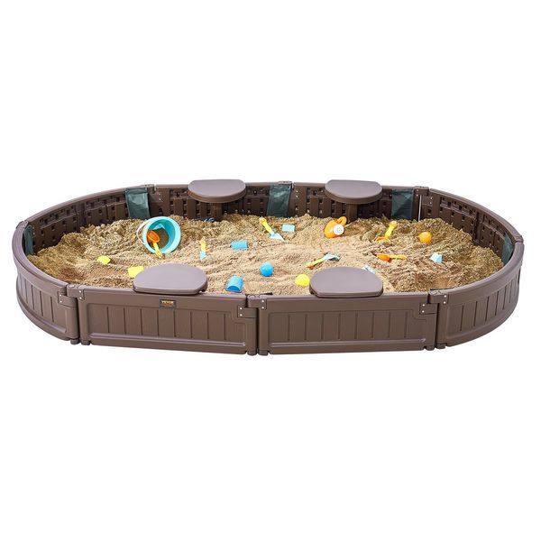 Песочница VEVOR с крышкой, 183 x 105 x 23 см, овальная, из полиэтилена высокой плотности (HDPE), с 4 угловыми сиденьями и напольным покрытием, детская песочница для сада, пляжа, парка, подарок для мальчиков и девочек от 3 до 12 лет, коричневая. 6686-SXSLTYXJCK00EEGPJV0 фото