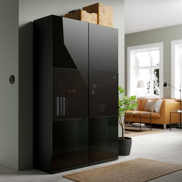 ІКЕА BEST&Aring; БЕСТО, 390.594.57 Стелаж, скляні двері, чорно-коричневий, Selsviken high gloss, чорне копчене скло, 120x42x193 см 390.594.57 фото