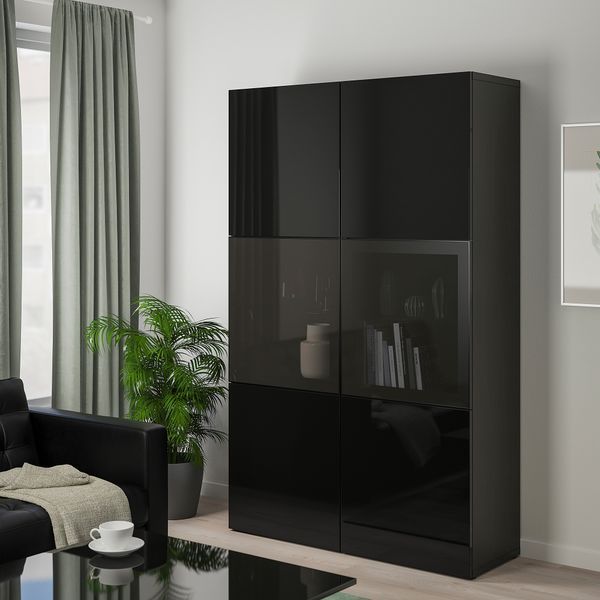 ІКЕА BEST&Aring; БЕСТО, 390.594.57 Стелаж, скляні двері, чорно-коричневий, Selsviken high gloss, чорне копчене скло, 120x42x193 см 390.594.57 фото
