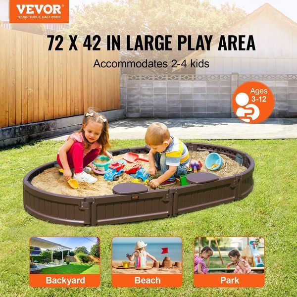 Песочница VEVOR с крышкой, 183 x 105 x 23 см, овальная, из полиэтилена высокой плотности (HDPE), с 4 угловыми сиденьями и напольным покрытием, детская песочница для сада, пляжа, парка, подарок для мальчиков и девочек от 3 до 12 лет, коричневая. 6686-SXSLTYXJCK00EEGPJV0 фото
