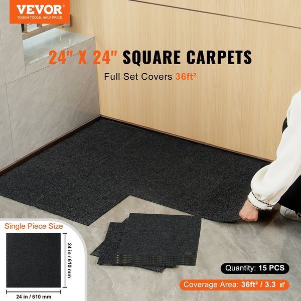 Килимові плитки VEVOR DIY, 24 x 24 дюйми, самоклеючі, м'які, з підкладкою, для спальні та вітальні (упаковка з 15 штук, чорні) 10486-ZZFKDT2424YCT8PQDV0 фото