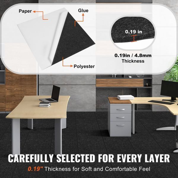 Килимові плитки VEVOR DIY, 24 x 24 дюйми, самоклеючі, м'які, з підкладкою, для спальні та вітальні (упаковка з 15 штук, чорні) 10486-ZZFKDT2424YCT8PQDV0 фото