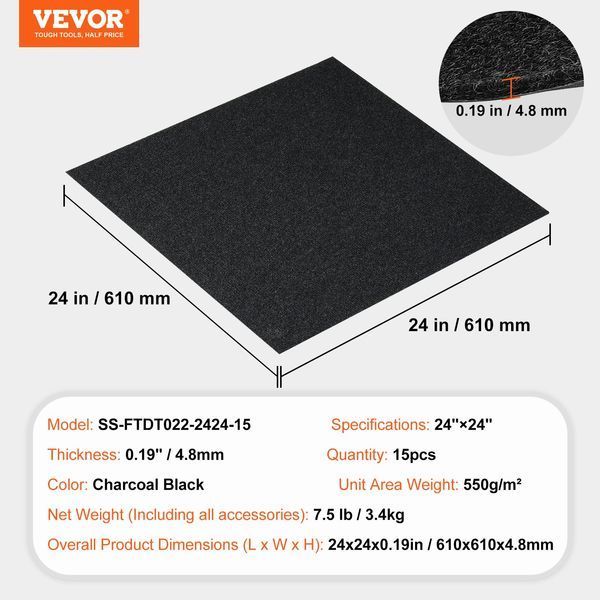 Килимові плитки VEVOR DIY, 24 x 24 дюйми, самоклеючі, м'які, з підкладкою, для спальні та вітальні (упаковка з 15 штук, чорні) 10486-ZZFKDT2424YCT8PQDV0 фото