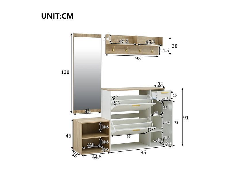 Комплект для передпокою 130x30x174 см - з 2 шафками для взуття - з настінним дзеркалом та вішалкою - Натуральний + Білий 4900672-0006445 фото