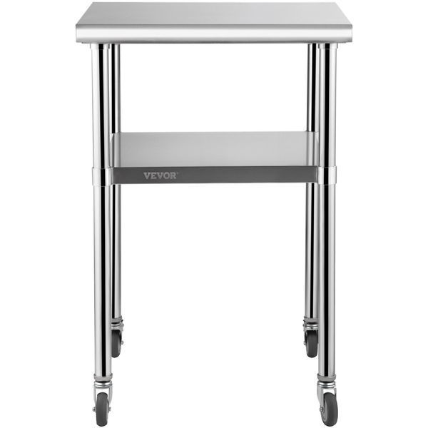 Коммерческий стол VEVOR из нержавеющей стали 61 x 61 x 91,4 см, двухъярусный рабочий стол на роликах, разделочный стол, стол для кейтеринга, грузоподъемность 181,4 кг + 91 кг, коммерческий кухонный стол, стол для подготовки продуктов, кухонная мебель 5489-J24X24X36INCHBGUAV0 фото