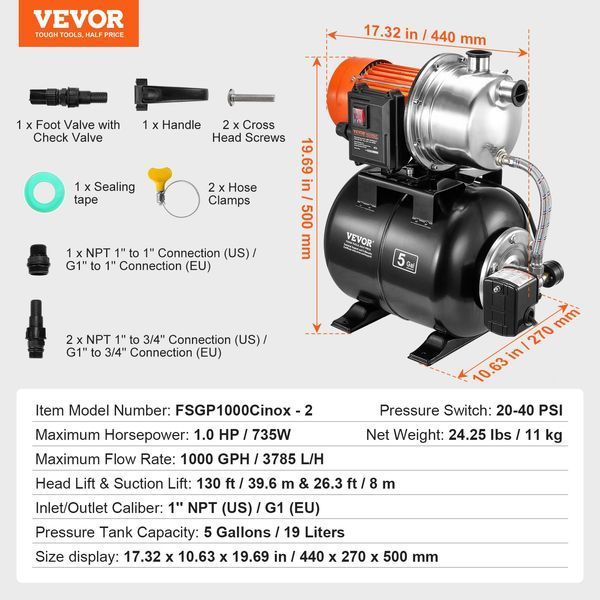 Садовий насос VEVOR 735 Вт, 3785 л/год, автоматичний насос іригаційний з напором 39,6 м, відцентровий насос з реле тиску 20/40 PSI, насос для неглибоких свердловин, головка насоса з нержавіючої сталі для саду і газону. 12206-BXGGSJB1HP138UXQ2V2 фото