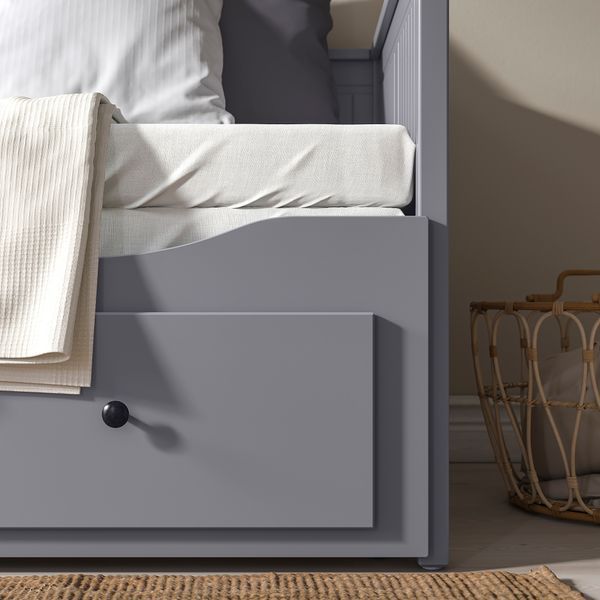 ІКЕА HEMNES ХЕМНЕС, 494.281.14, Ліжко з 3 ящиками, 2 матраци, сірий, &Aring;gotnes жорсткий, 80х200 см 494.281.14 фото