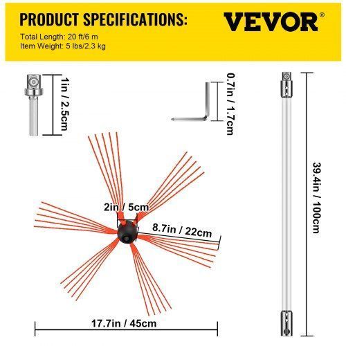 VEVOR 6M Трубочист з 6 нейлоновими стрижнями для чищення димоходу в будинку, набір щіток для плити, комплект для чищення димоходу, щітка для димоходу, що легко з'єднується з 6 стрижнями з 2 насадками. 9009-YCS6M000000000001V0 фото