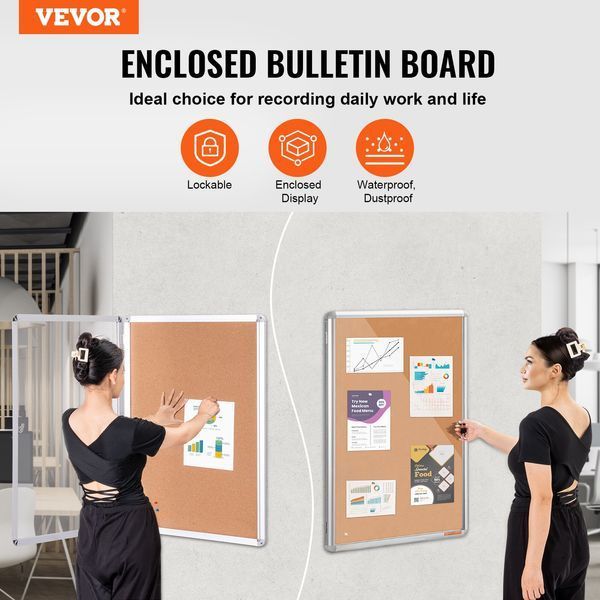 Пробковая доска VEVOR 36"x24" в закрытом исполнении с алюминиевой рамой - запираемая доска для объявлений с акриловой дверцей и 2 ключами - устойчивая к погодным условиям настенная доска для школы, дома или офиса 11256-RMB36X24WLBKUYH3DV0 фото