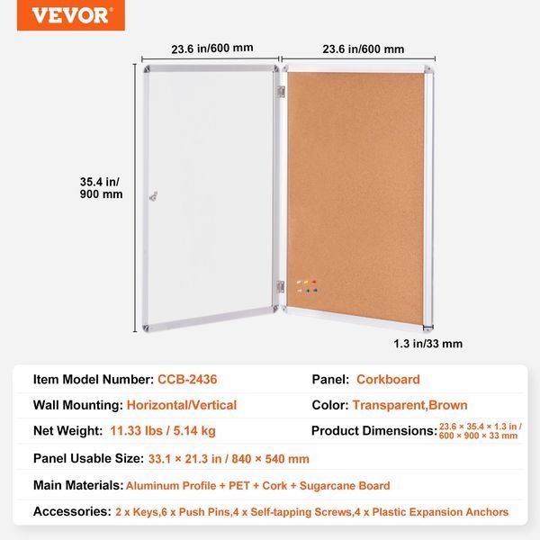 Пробковая доска VEVOR 36"x24" в закрытом исполнении с алюминиевой рамой - запираемая доска для объявлений с акриловой дверцей и 2 ключами - устойчивая к погодным условиям настенная доска для школы, дома или офиса 11256-RMB36X24WLBKUYH3DV0 фото