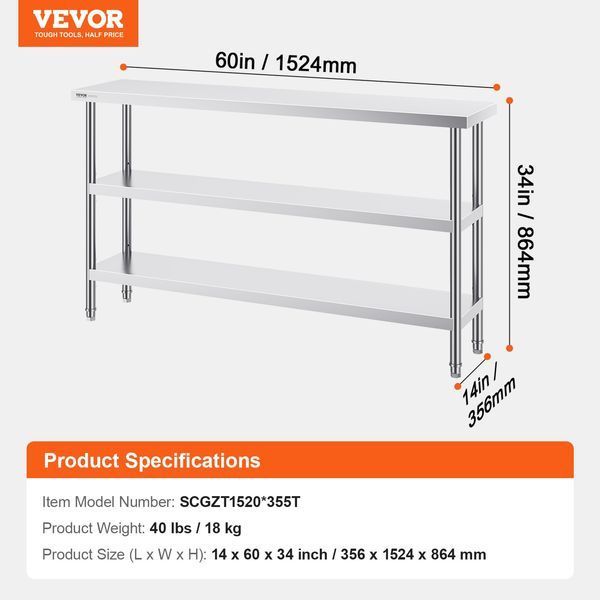 Стол для приготовления пищи VEVOR из нержавеющей стали, профессиональный кухонный рабочий стол с 2 регулируемыми нижними полками, стол для приготовления пищи на гриле, для кухни, дома и гаража, 356 x 1524 x 864 мм 5491-CFBXGGZTSCGZFXOQBV0 фото