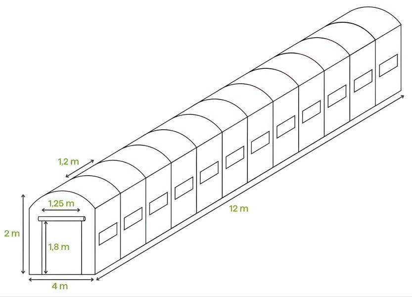 Политуннель с двойными дверями, 4x12x2, 48 м&sup2;, 12 секций, зеленый. 007295-9991804 фото