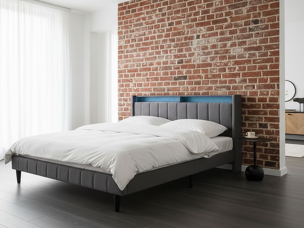 Ліжко з тканиною зі світлодіодним підсвічуванням BEAULIEU 180 x 200 см (EU Super King) з USB-портом та місцем для зберігання, темно-сіре 343600-632356 фото