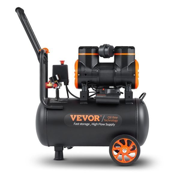 Повітряний компресор VEVOR Silent Air, 2800 об/хв, тихий, 70 дБ, безмасляний, з 2 колесами, бак напірний 24 л, 6-8 бар, 1450 Вт (2 л.с.), 3,5 МПа, авторемонт, фарбування, деревообробка. 0494-W24L1450W220V09PIV2 фото
