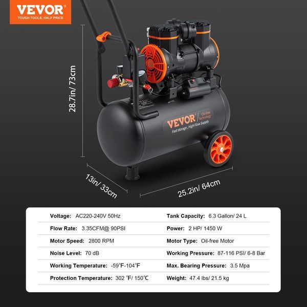 Повітряний компресор VEVOR Silent Air, 2800 об/хв, тихий, 70 дБ, безмасляний, з 2 колесами, бак напірний 24 л, 6-8 бар, 1450 Вт (2 л.с.), 3,5 МПа, авторемонт, фарбування, деревообробка. 0494-W24L1450W220V09PIV2 фото