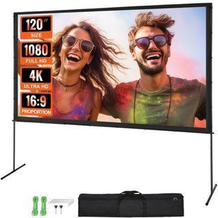 Проекційний екран VEVOR зі стійкою, 120 дюймів, HD 4K, для використання на відкритому повітрі та у приміщенні, швидко складається, портативний екран 16:9 для домашнього кінотеатру, кемпінгу, відпочинку тощо, чорний. 9302-TYPM20ZJSPJ15KMU2V0 фото