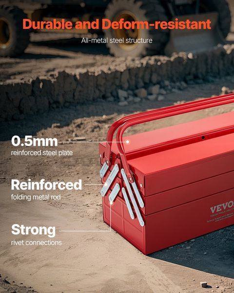 Ящик для инструментов VEVOR 457,2 x 200 x 215 мм, 3-ярусный, 5-секционный, с ручкой и отверстием для замка, сталь с порошковым покрытием, кейс для инструментов для дома, завода, склада, ремонтной мастерской, красный. 7311-FDSBXSGJX18IMMLQMV0 фото