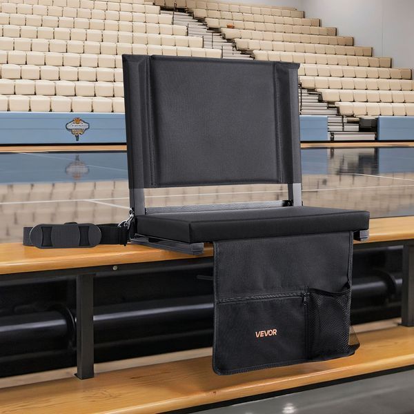 Складное сиденье VEVOR Stadium Seat со спинкой, мягким сиденьем и плечевым ремнем, подстаканником, крючком и сетчатой ​​сумкой, сиденье для стадиона (ширина 431,8 мм), черное, 1 шт. 12507-BXTYGZY1PCSH0W4CN001V0 фото