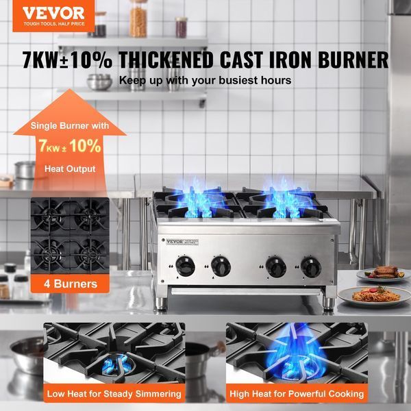 Профессиональная газовая плита VEVOR с 4 газовыми конфорками, работающая на пропане/природном газе, газовая варочная панель из нержавеющей стали, коммерческий кухонный прибор, 610 x 775 x 335 мм, для ресторанов, отелей и кафе, 28 кВт. 2895-SYTSRQZBDJK47YUOFV0 фото