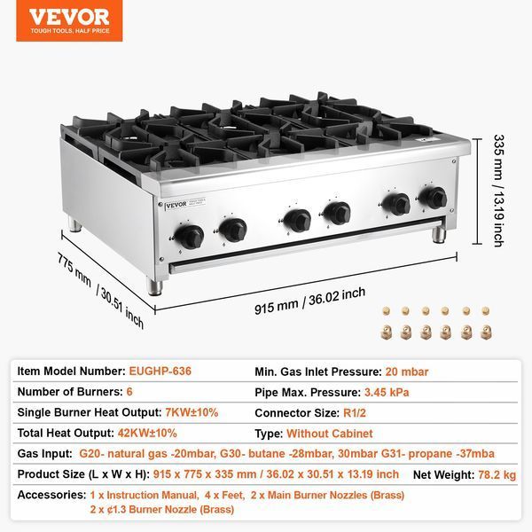Професійна газова плита VEVOR з 6 газовими конфорками, що працює на пропані/природному газі, газова варильна панель із нержавіючої сталі, комерційний кухонний прилад розміром 915 x 775 x 335 мм для ресторанів, готелів та кафе потужністю 42 кВт. 2896-SYTSRQZBDJK6OQ62EV0 фото