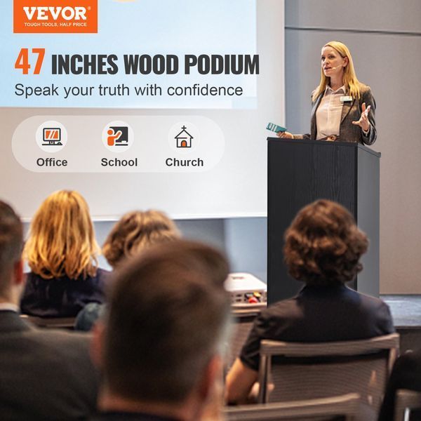 Напольная кафедра VEVOR 600 x 360 x 1200 мм, платформа с широкой поверхностью для чтения и полкой для хранения, стоячий стол для церкви, офиса, школы, черная кафедра с грузоподъемностью 30 кг, черный цвет 5597-CTSJTHSYMDF47ZN65V0 фото