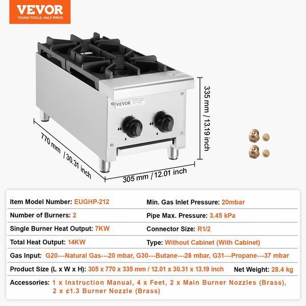Профессиональная газовая плита VEVOR с 2 газовыми конфорками, работающая на пропане/природном газе, газовая варочная панель из нержавеющей стали, коммерческий кухонный прибор размером 305 x 770 x 335 мм для ресторанов, отелей и кафе, мощность 14 кВт. 2897-SYTSRQZBDJK28D53HV0 фото