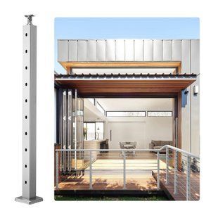 Стійки для тросових огорож VEVOR, 36" x 2" x 2" з горизонтальними отворами, 10 попередньо просвердлених отворів, стійки з нержавіючої сталі SUS304 з вигнутим кронштейном, комплект з 1 шт., сріблястий, 1JZLGGM91 10371-1JZLGZ91455YMDM3LV0 фото