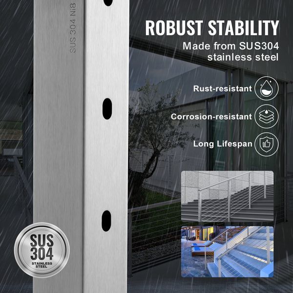 Стойки для тросовых ограждений VEVOR, 36" x 2" x 2" с горизонтальными отверстиями, 10 предварительно просверленных отверстий, стойки из нержавеющей стали SUS304 с изогнутым кронштейном, комплект из 1 шт., серебристый, 1JZLGZ91455YMDM3LV0 10371-1JZLGZ91455YMDM3LV0 фото