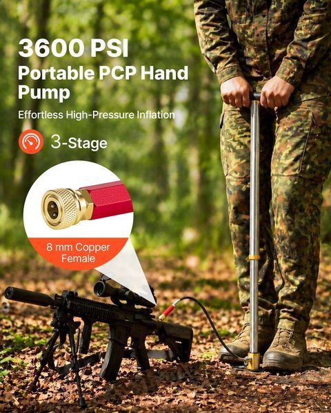 Ручной насос VEVOR PCP, 3-ступенчатый, высокого давления 25,82 МПа, напольный насос с масляно-водяным фильтром, манометром и корпусом из нержавеющей стали, для пневматического оружия, пейнтбола, накачивания шин и надувных лодок. 8517-SDQQCQB3600P7QPY3001V0 фото