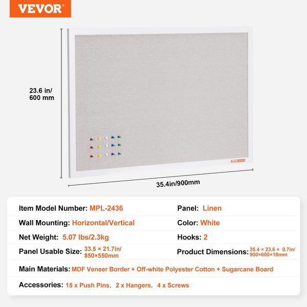 Пробковая доска VEVOR 36"x24" белого цвета с льняной поверхностью - стильная настенная доска для объявлений для дома, школы, офиса - элегантная и функциональная доска для объявлений 13005-RMB36X24WBSMUFWYSV0 фото