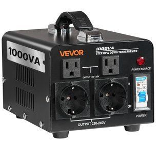 Трансформатор напруги VEVOR 1000 ВА, що підвищує/знижує, 110 В до 220 В і 220 В до 110 В, з розетками для США та Європи, мережевим шнуром та автоматичним вимикачем. 9207-SXDYZHQSD11025EPL001V2 фото