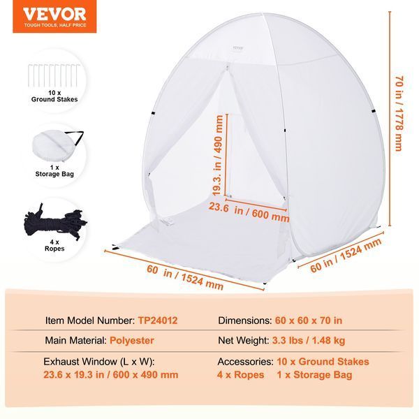 Палатка для покраски распылением VEVOR, 60 x 60 x 70 дюймов, портативная палатка для покраски распылением со встроенным полом, вытяжным окном и сумкой для хранения, складная покрасочная камера для мебели, станция для покраски инструментов для хобби. 12911-BXSPQ606070INA0UEV0 фото