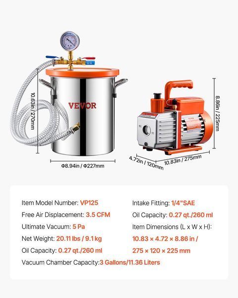 Вакуумная камера VEVOR объемом 11,36 л и насос 3,5 CFM, камера из нержавеющей стали, комплект одноступенчатой ​​дегазационной камеры с вакуумным насосом, акриловой крышкой, маслом, шлангом 1,5 м, комплект вакуумного насоса для дегазации 2401-ZKBZKTTZDJ14OVZFDV2 фото
