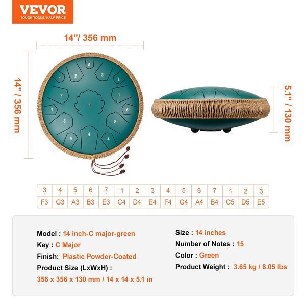 VEVOR Язычный барабан 356 мм, стальной язычковый барабан на 15 нот, барабан для дождя, тональность до мажор, колокольчики для дождя с 2 барабанными палочками и сумкой для переноски, хэндпан, ударный инструмент для уроков музыки и йоги, зеленый 9358-GSGGSG14INCHY9XB9V0 фото