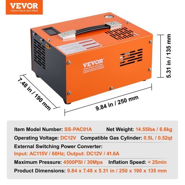 Воздушный компрессор VEVOR PCP 30 МПа/4500 PSI 0,5 л, портативный, постоянного тока 12 В и переменного тока 115 В, с рабочим циклом 25 минут, высокоэффективный преобразователь, насос высокого давления для пневматической винтовки. 0301-QQGYCQJ300WXK1U8BV2 фото