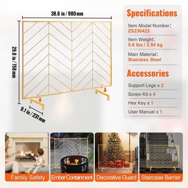Захисний чохол для каміна VEVOR Spark Guard Iron Fireplace Cover 980mm, чохол для каміна, чохол для печі, вінтажний чохол для печі, чохол для каміна 0-40 &deg; C, захисний екран для печі від іскор, що летять, золотистий. 9020-BLMJSJY3545IAWNY0V0 фото