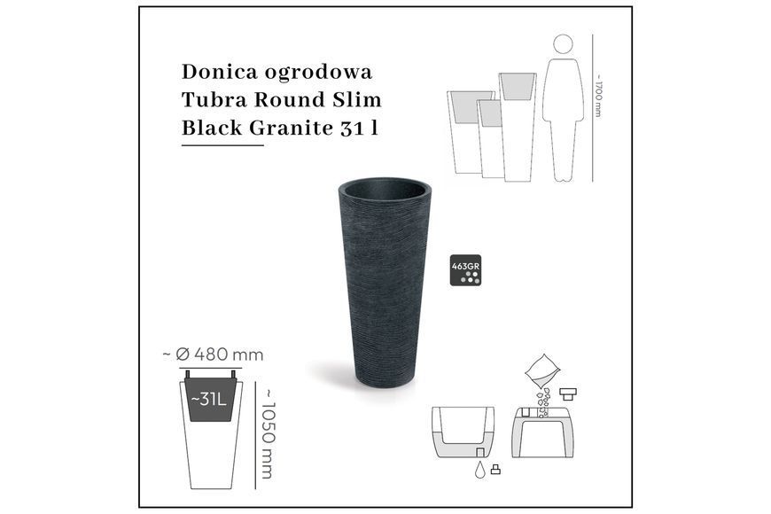 Садовый горшок Prosperplast Tubra Round Slim Black Granite 31 л 456621-2220579 фото